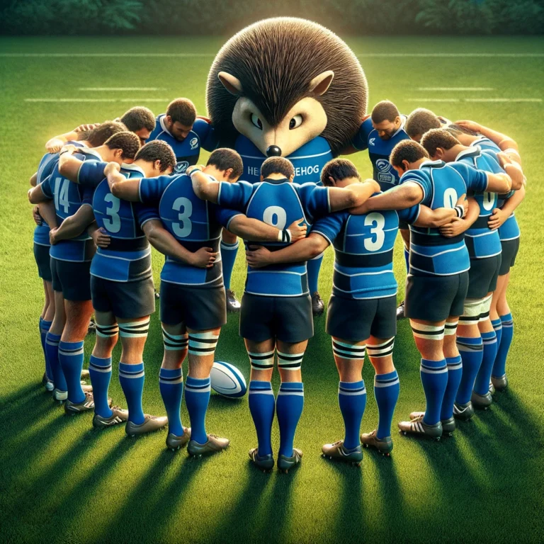 Cette illustration représente le valeur de Respect du Rugby Club Val de Bièvre. L'équipe de rugby se tient serrée sur un terrain vert vif, unie en cercle, les bras autour des épaules de l'autre. Chaque joueur porte un maillot bleu et noir. Au centre de la clique, se tient une grande mascotte de hérisson, également vêtue d'un maillot bleu assorti. La présence de la mascotte ajoute un élément ludique et fougueux à la scène. Un ballon de rugby repose au sol au milieu du cercle.